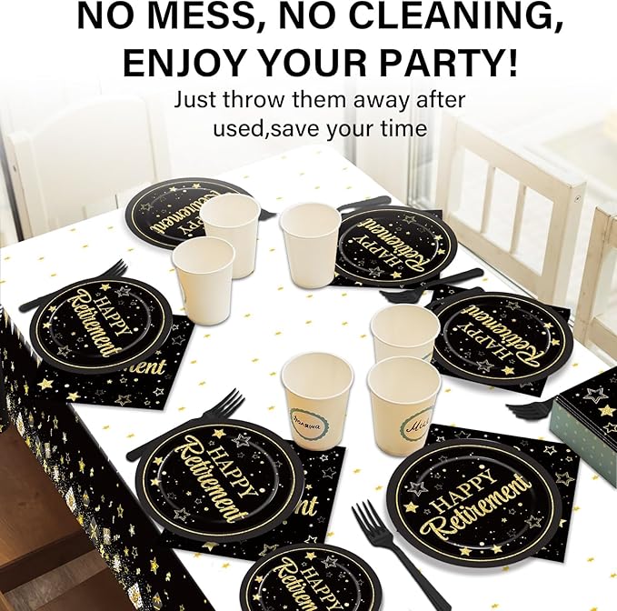 Happy Retirement Party Supplies Serves 24 Black and Gold Retirement Party Paper Plates Napkins Retirement Tablecloth Set Tableware Kit for Men Women Say Goodbye Party