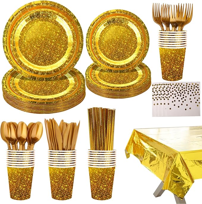 Sparkling Star Patterned Disposable Tableware Set, 201 Pieces, Tablecloths, Cutlery, Napkins, Cups, Straws, Plates for Parties, Birthdays, Graduations, Kids Events. 25Guest (Gold)