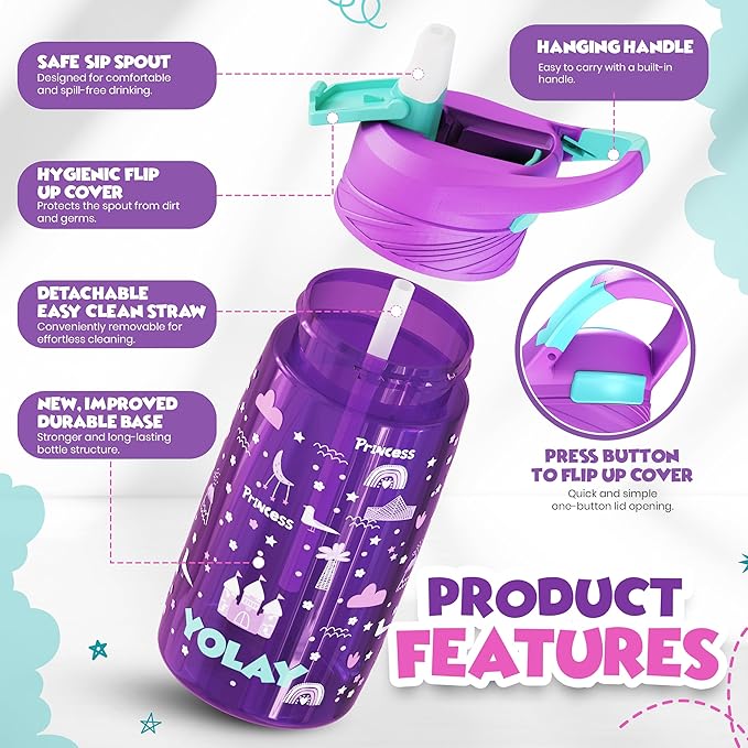 YOLAY 15oz Kids Water Bottle For School Boys and Girls, Durable Toddler Water Bottle with Straw Lid Leak-Proof, Spill Proof, Easy Clean and Dishwasher Safe with Re-Usable and BPA Free - Princess