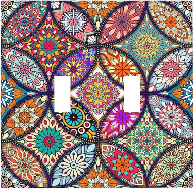 Bohemian 2 Gang Double Toggle Light Switch Cover Decorative colorful Vintage Floral Mandala Flower Electrical Switchplate Faceplate for Kitchen Bedroom Bathroom Standard Size