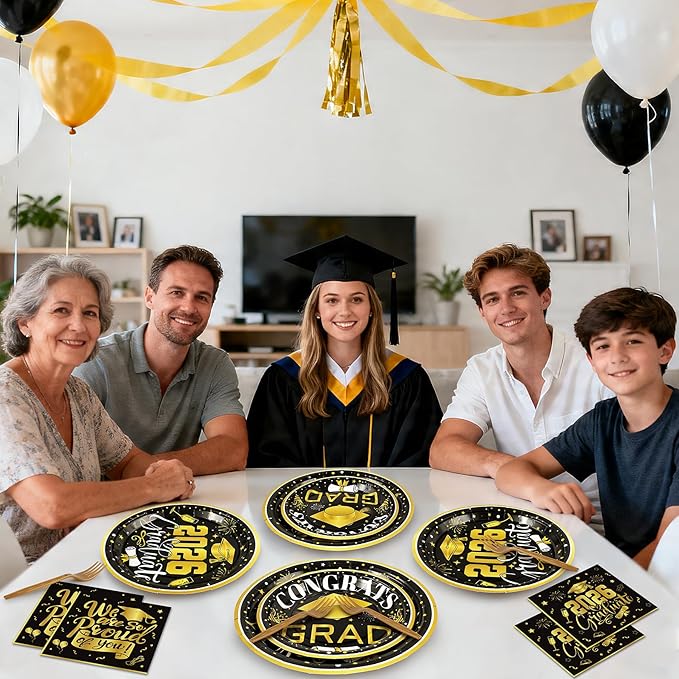 192Pcs 2026 Graduation Plates and Napkins for 48 Guests, Black and Gold Congrats Grad Party Supplies, Class of 2026 Disposable Paper Plates Napkins Set for Graduation Party Decorations