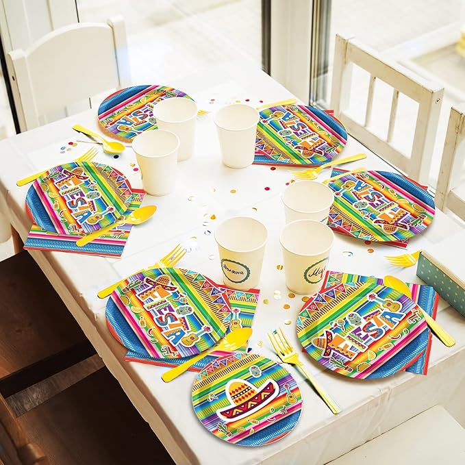 96 Pieces Fiesta Party Decorations Mexican Plates Tableware Set for De Mayo Party Decorations Supplies Mexican Themed Paper Dessert Plates Napkins Forks for 24 Guests Birthday Party Favors