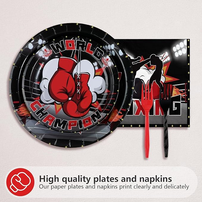 Grencian 96Pcs Boxing Birthday Party Supplies World Champion Plates and Napkins Fight Sports Wrestling Tableware Set for Boxing Birthday Party Supplies Serves 24