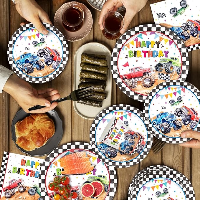 144pcs Monster Truck Birthday Party Decorations Plates Napkins Disposable Truck Paper Cups Monster Truck Party Supplies Tableware Set for Kids Boys Birthday Decor Serve 24 Guests