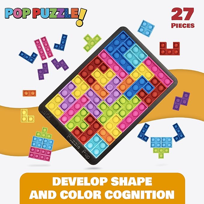 Power Your Fun Pop Puzzle Popper Fidget Game - 27pc Jigsaw Puzzle Game Pop Push It Bubble Sensory Fidget Toys for Learning, Stress Relief Silicone Push It Popper Board for Kids and Adults (Black)