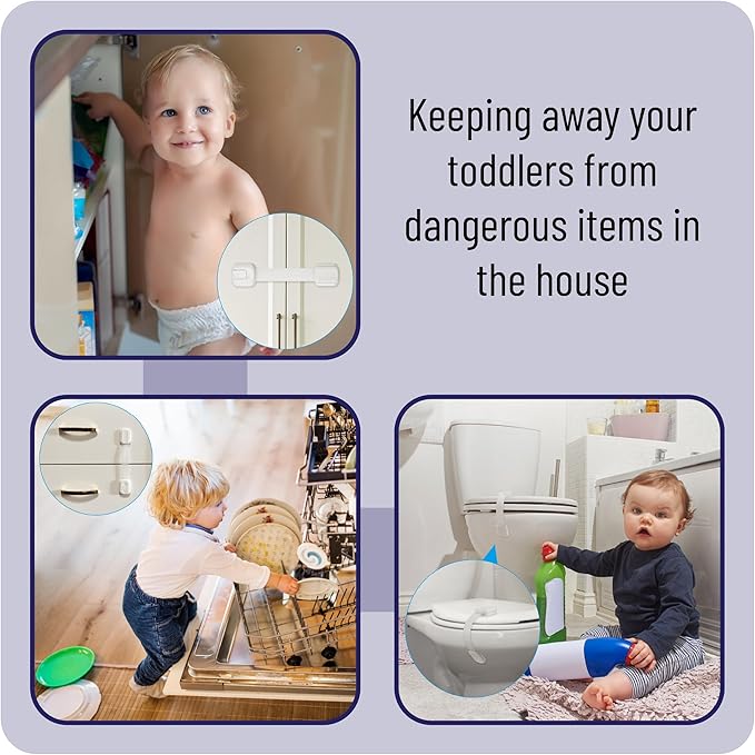 Bates- Child Safety Strap Locks, 16 Pack, White, Baby Cabinet Locks with Adjustable Strap Length