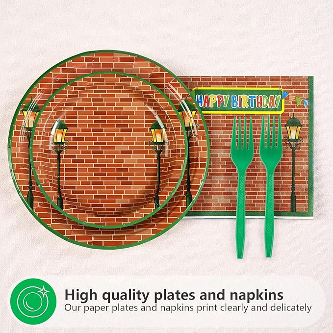 Grencian 96 Red Brick Wall Street Party Supplies Modern Cartoon Sesame Plates and Napkins Tableware Sets Sesame Birthday Disposable Plate for Kids Birthday Baby Shower Serves 24