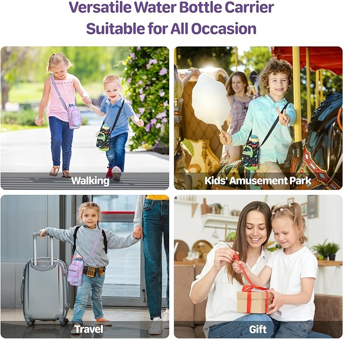 Water Bottle Carrier for Kids - Water Bottle Holder with Strap, Boys Girls Water Bottle Sling Bag for 10/12/14/16/18Oz Water Bottles Walking Hiking Camping