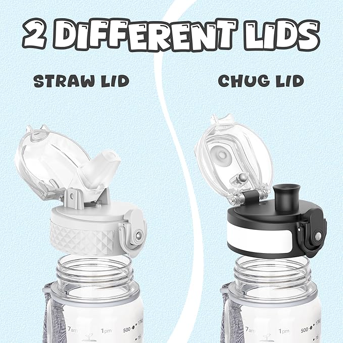 OLDLEY Kids Water Bottle for School, 17 oz (2 lids) BPA-Free Reusable Leak-proof Durable Tritan Plastic Water Bottles with Straw & Chug Lids, Anti-dust Spout Cover (Clear)