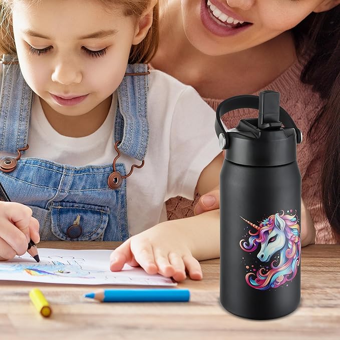 OLDLEY kids Water Bottle - 18oz Insulated Stainless Steel - Wide Straw Lid, Non Spill, Leakproof, Kids Water Bottle for School,Black Unicorn
