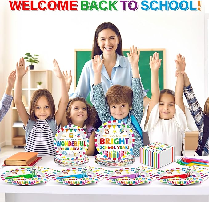 100PCS Back To School Decorations School Season Supplies Paper Plates Napkins Disposable White Bottom Colorful Pattern Tableware Dinnerware for Student Birthday Picnic First Day of School Serves 25