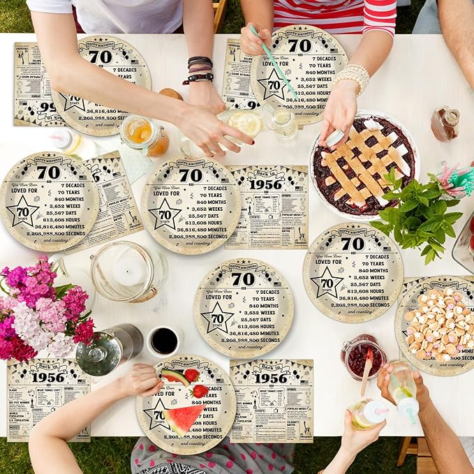 CHUNNIN 50pcs 70th Birthday Plates and Napkins 70 Year Old Birthday Party Decorations Vintage Back in 1956 Dessert Plates Vintage 1956 70th Theme Disposable Tableware Set for Men Women Party Supplies