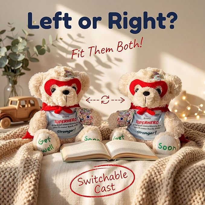 Broken Arm Gifts for Kids, Superhero Get Well Soon Bear with Switchable Cast (Fits Left or Right Arm), 8 Inch Stuffed Animal for Surgery Recovery, Broken Wrist, Tonsillectomy, Brave Boys & Girl