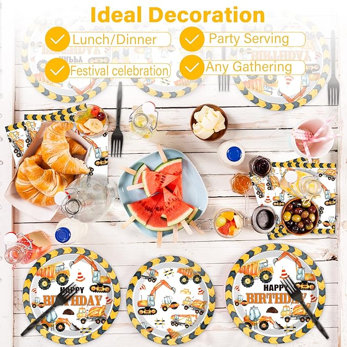 100 Pcs Construction Birthday Party Plates and Napkins Set Dump Truck Birthday Party Decorations Supplies Construction Tableware Construction Themed Party Favors for Boys Birthday Serves 25