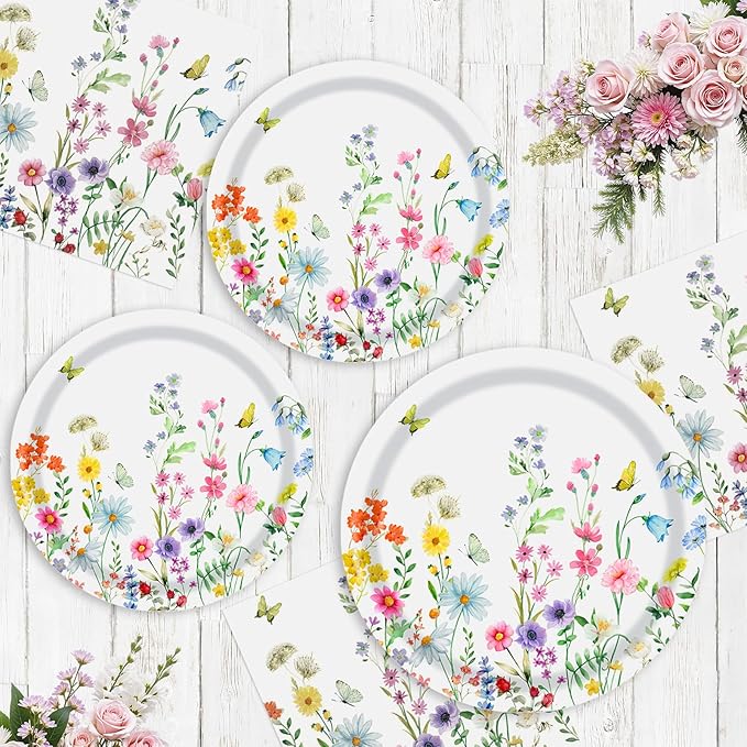40 Pcs Spring Wildflower Plates and Napkins Sets - Disposable Floral Paper Plates Napkins Dinnerware, Flowers Dessert Dinner Plate for Spring Summer Wedding Birthday Party Supplies Table Decorations