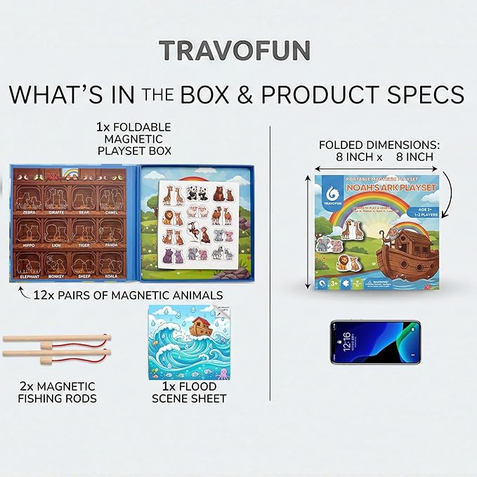 TRAVOFUN Noahs Ark Magnetic Travel Games for Kids 3-5 - Foldable 4 in 1 Busy Book, Christian Educational Toys with Fishing, Matching & Spelling,Sunday School Games & Church Activities Kids Gift