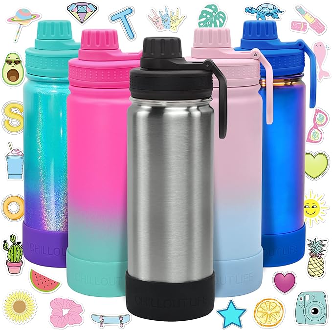 CHILLOUT LIFE 17 oz Kids Insulated Water Bottle for School with Leakproof Spout Lid and Cute Waterproof Stickers, Personalized Stainless Steel Thermos Flask Metal Water Bottle for Girls & Boys