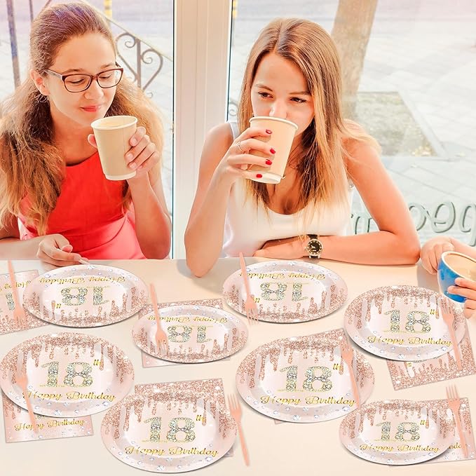 96 Pcs 18th Birthday Decoration for Girls Rose Gold 18th Birthday Plates and Napkins Party Supplies Time to Adult Rose Gold Pink Happy 18 Years Disposable Tableware for 24 Guests Party Decoration