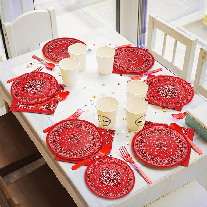 96 Pcs Red Bandana Western Party Plates Napkins Tableware Set Paisley Cowboy Cowgirl Farm Themed Supplies Disposable Dinnerware Western Decoration Favors for Kids Baby Shower Birthday, 24 Guests