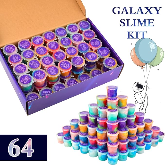 64 Pack Mini Bulk Galaxy Slime Kit Party Favors, Stretchy, Stress Relief, and Safe for Girls and Boys Classroom Reward, Easter Party Supplies,End of Year Student Gifts
