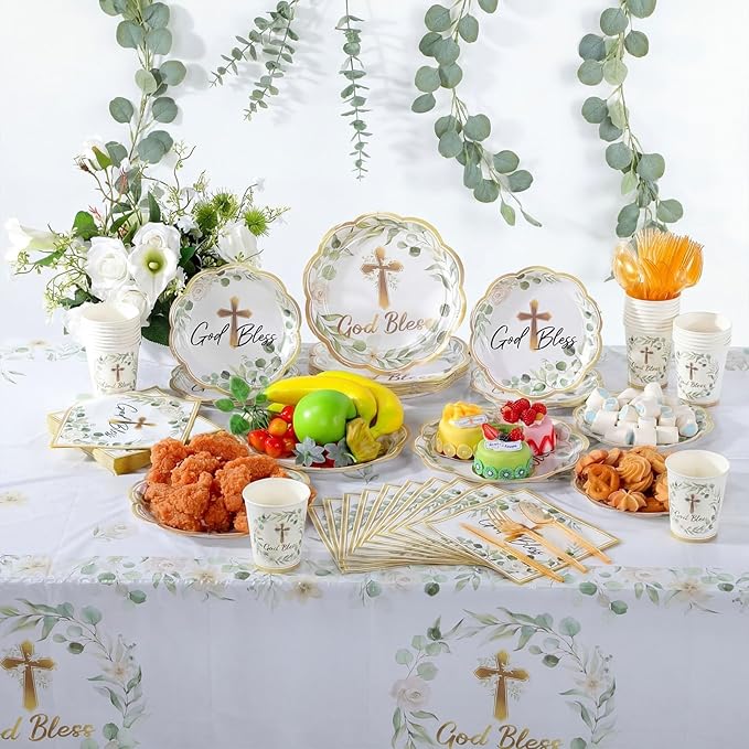 Pickmesh 194 Pcs God Bless Baptism Party Decoration Boy for 24, Sage Green Baptism Confirmation Paper Plate Napkin Cup Tablecloth Cutlery for First Holy Communion Christening Baby Shower Supplies
