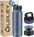 Oldley Insulated Water Bottle 20oz Water Bottles with Straw, Stainless Steel Water Bottle with 3 Lids, Double Wall Vacuum Bottels for Adults Kids,Leak-Proof Sport Bottles for School Travel, Navy Blue