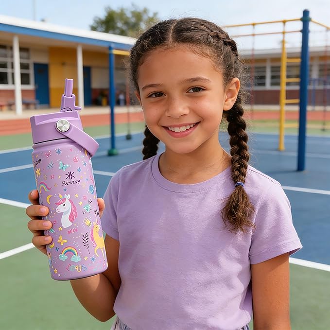 KEWIXY Kids Water Bottle for School, Easy Slide Lid, Leak Proof, Keep Cold 24H, Vacuum Insulated Tumbler, Metal Stainless Steel with Straw and Handle, for Boys&Girls (18OZ, Unicorn Lilac)