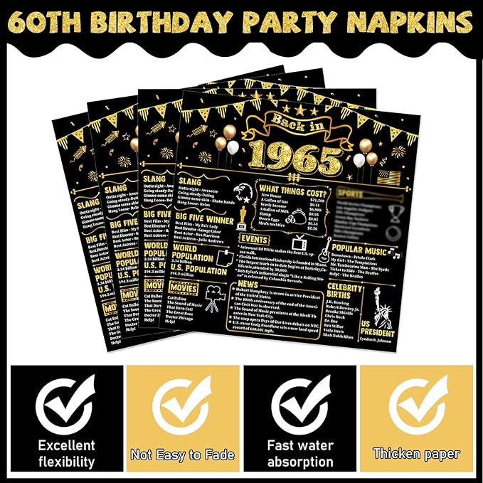 CHUNNIN 96Pcs 60th Birthday Plates and Napkins Back in 1965 Party Decorations Black Gold 60 Year Old Party Dessert Plates 1965 Tableware for 24 Guests 60th Theme Men Woman Birthday Supplies