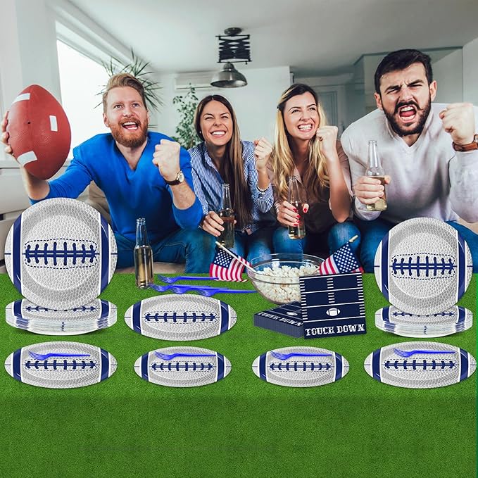 Qyeahkj 25 Guests Cowboys Football Party Plates and Napkins Supplies American Football Team Platters Tableware Set Touch Down Blue & White Decor Favors for Football Fans Boy Sports Team Theme Party