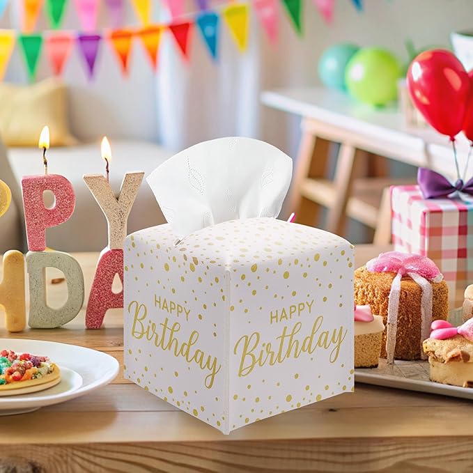 Happy Birthday Gold Foil Dots Tissue Box Cover - Square PU Leather Tissue Holder with Belt Bottom, Decorative Birthday Gift Idea for Birthday Party, Bathroom, Home Office & Car Decorations