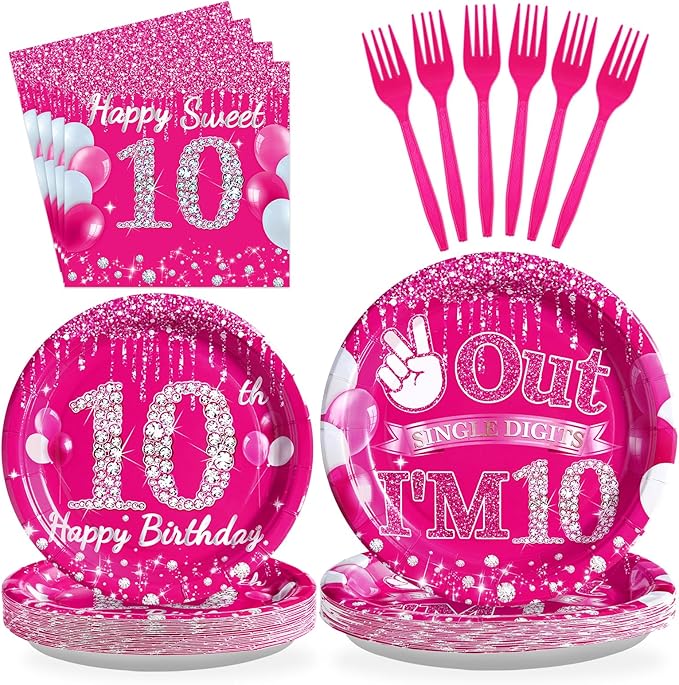 Grencian 96Pcs 10th Birthday Decorations for Girls Hot Pink 10th Birthday Party Plates Disposable Double Digits Paper Tableware for Girl 10 Year Old Happy Birth-day Party Supplies, Serves 24