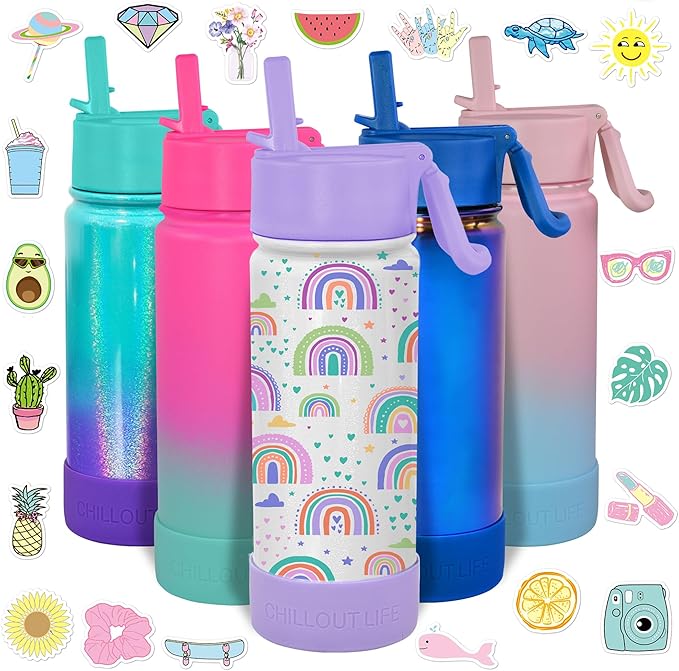 CHILLOUT LIFE 17 oz Kids Insulated Water Bottle for School with Straw Lid Leakproof and Cute Waterproof Stickers, Personalized Stainless Steel Thermos Flask Metal Water Bottle