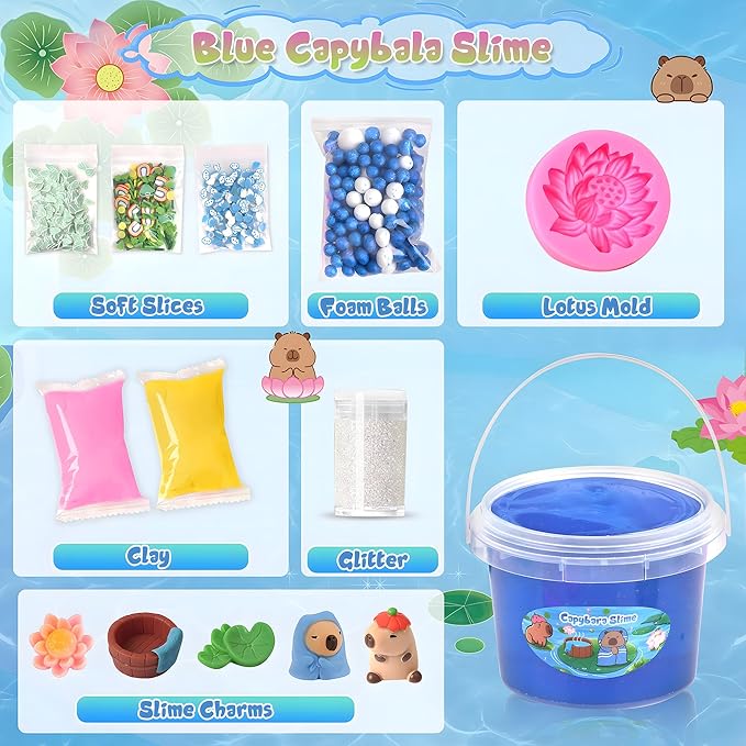 Capybara Slime Kit 10oz, Big Clear Slime Bucket for Kids 8-12 with 8 Packs Add-ins (Including Clay), Soft and Non-Sticky Kids Slime Toys, ASMR, Perfect Birthday Easter Gifts for Boys Girls