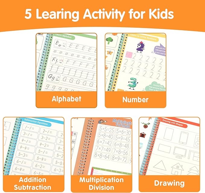 Helsort Large Magic Grooved Practice Copybook for Kids, Reusable Grooved Handwriting Workbook, Learn to Write Number Letter Tracing for Kids Ages 3-8 Kindergarten Preschool Calligraphy 10.2×7.3"