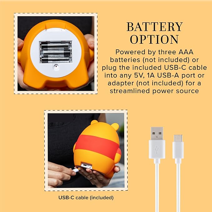 Disney Winnie the Pooh Squish Light, Night Light for Kids, USB Lamp, Battery Operated, Dimmable, Ideal for Bedroom, Playroom, Living Room, and More, 83189