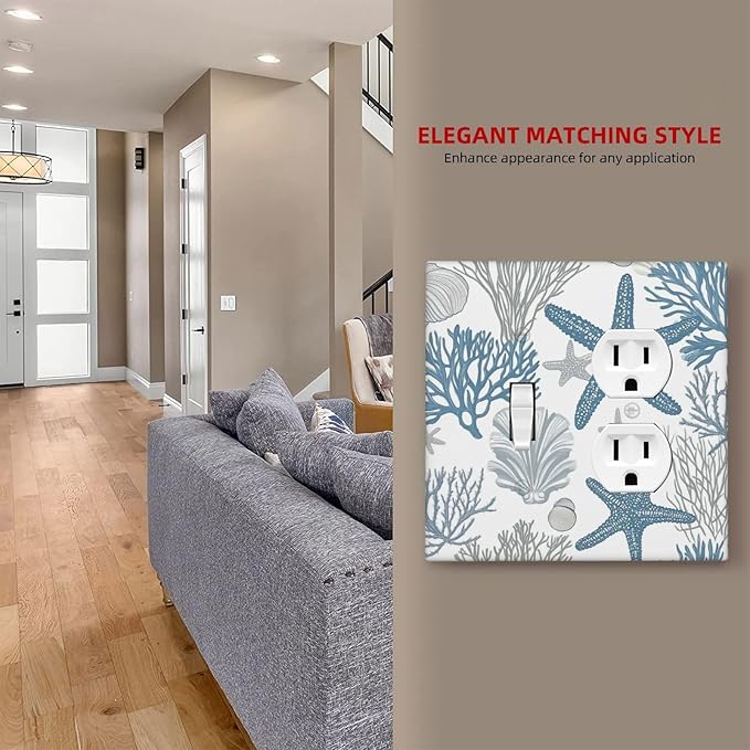 Blue Starfish Nautical Beach Conch Coastal Coral Shell Wallplates 1 Toggle 1 Duplex Switch Plate Electrical Gfci Faceplate Decorative Light Switch Covers For Kids Room Bathroom Decor