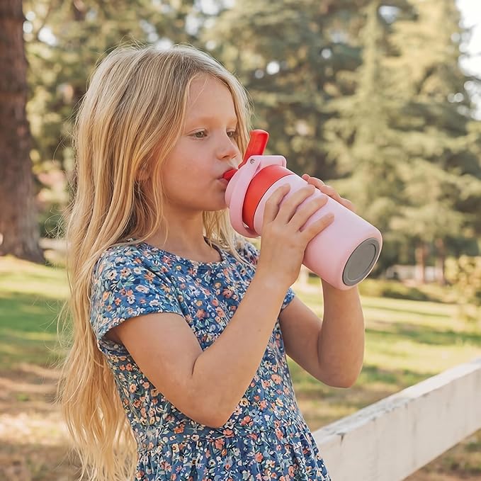 12 oz Water Bottle Insulated, 304 Stainless Steel Insulated Kids Water Bottle with Straw, 2-in-1 Lid Toddler Cups for School Boys Girls, BPA-Free, Leak-Proof, Great for Sport, Travel, Gift,Pink