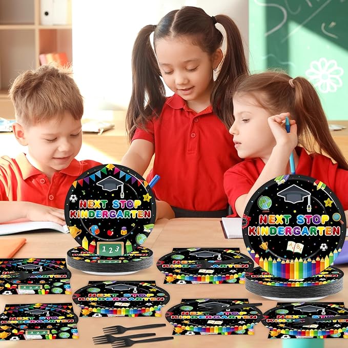 96Pcs Preschool Graduation Plates and Napkins, Next Stop Kindergarten Party Supplies Prek Graduation Themed Dessert Disposable Plates Tableware set for 24 Guests Party Decorations