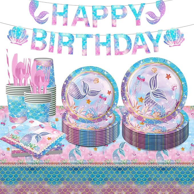 Mermaid Birthday Decorations Disposable Tableware Plates for Baby Shower,Under The Sea Party Supplies Plates,Blue Tableware with Cups,Tablecloth,Banner for Kids Girls,Serve 24