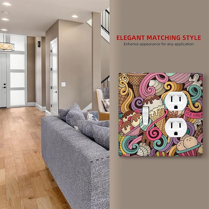 Cartoon Hand Drawn Ice Cream Doodles Colorful Print Wallplates 1 Toggle 1 Duplex Switch Plate Electrical GFCI Faceplate Decorative Light Switch Covers for Kids Room Nursery Decor