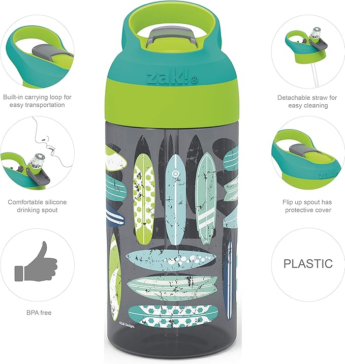 Zak Designs 16oz Riverside Beach Life Kids Water Bottle with Straw and Built in Carrying Loop Made of Durable Plastic, Leak-Proof Design for Travel, 2PK Set
