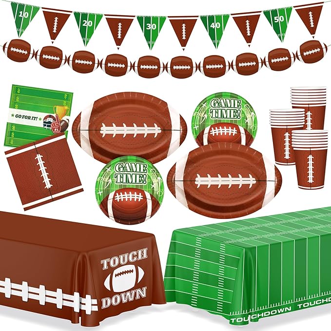 99PCS Football Party Tableware Supplies,Set of 24 Football Plates Napkins Cups,11.8in Football Shaped Disposable Paper Plates,Banner and Touchdown Tablecloth for Birthday Gameday Tailgate Decoration