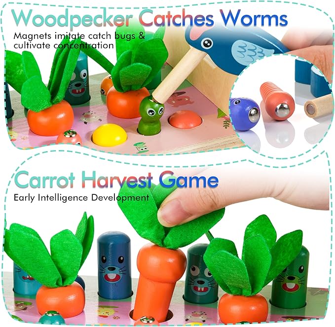 6-in-1 Wooden Montessori Toys for 1 Year Old, Mole-Tapping Game | Play the Xylophone | Frog Clock | Carrot Harvest Game | Spinning Gear, Baby Girls Toy Birthday Gift Early Learning