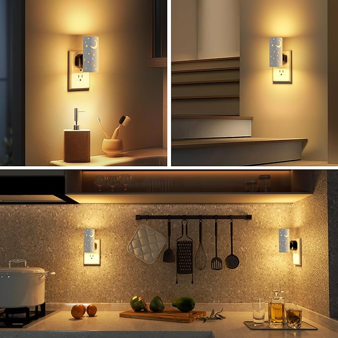 LED Night Lights Plug into Wall, 2-Pack 3000K Bright Plug in Nightlights, Dusk-to-Dawn Sensor, Dimmable 0-100LM, Auto-On/Off, Home Decor for Bedroom, Bathroom, Hallway, Kitchen, White Stars