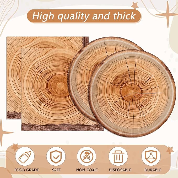41 Pcs Camping Birthday Party Decorations Rustic Wood Grain Slice Tableware Brown Camo Wood Paper Plates Napkins Tablecloth丨Forest Themed Bonfire Hunting Birthday Lumberjack Party Decor,Serves 20