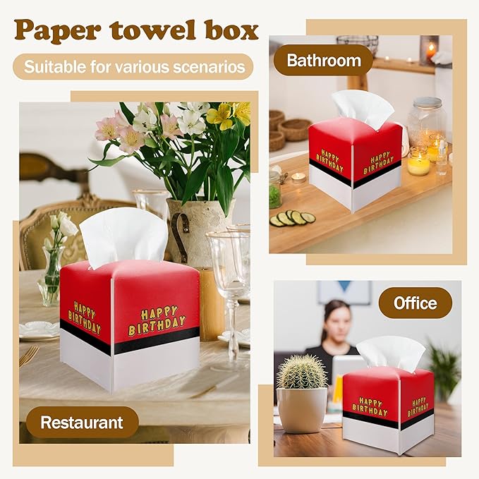 Happy Birthday Tissue Box Cover, Red and White Tissue Box Holder Square Leather Facial Paper Organizer, Themed Birthday Party Baby Shower Tableware Decorations