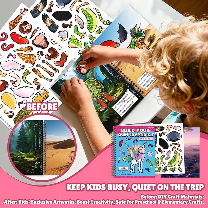 PARTYWIND Sticker Book for Toddlers, Cryptid Animals Sticker Book with 16 Scenes + 11 Sheet Stickers for Boy & Girl, Airplane Travel Toy Essentials, Cryptid Construction Kit Book for Kids Age 3-5