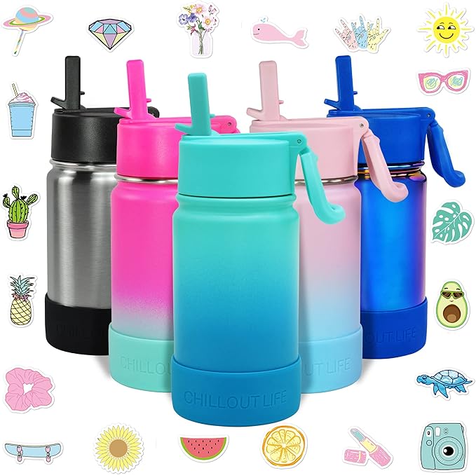 CHILLOUT LIFE 12 oz Kids Insulated Water Bottle for School with Straw Lid Leakproof and Cute Waterproof Stickers, Personalized Stainless Steel Thermos Flask Metal Water Bottle for Girls & Boys