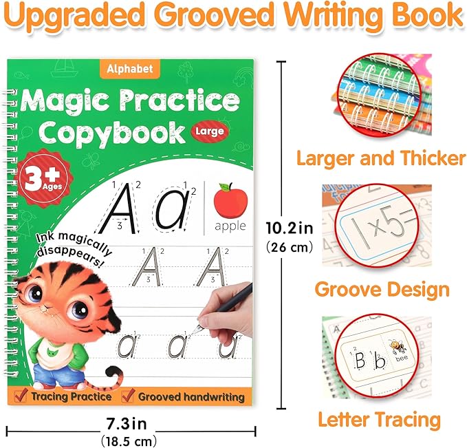 Helsort Large Magic Grooved Practice Copybook for Kids, Reusable Grooved Handwriting Workbook, Learn to Write Number Letter Tracing for Kids Ages 3-8 Kindergarten Preschool Calligraphy 10.2×7.3"