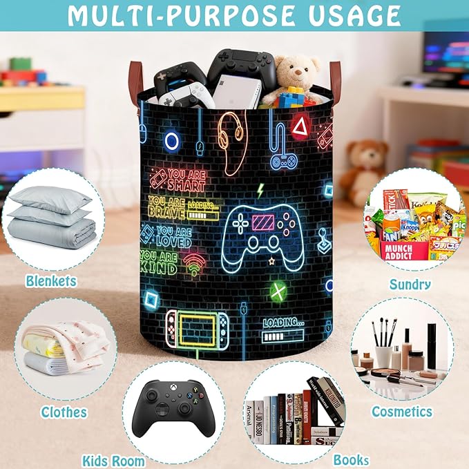 Gaming Laundry Basket ,Large Neon Color Nursery Hamper,Gamer Room Decor for Boys,Collapsible Clothes Towel Toy Book Storage Bin for Dorm Nursery Bedroom(Round)